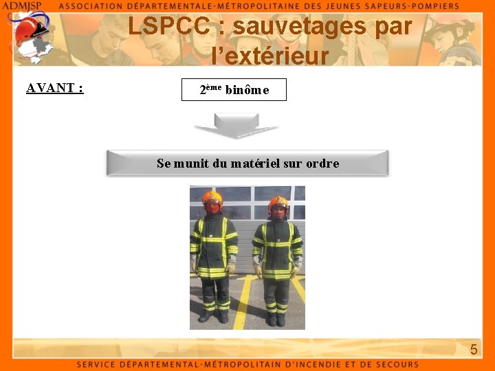 LSPCC : sauvetages par l’extérieur AVANT : 2ème binôme Se munit du matériel sur