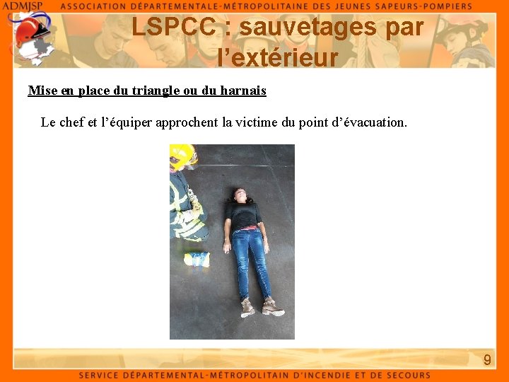 LSPCC : sauvetages par l’extérieur Mise en place du triangle ou du harnais Le