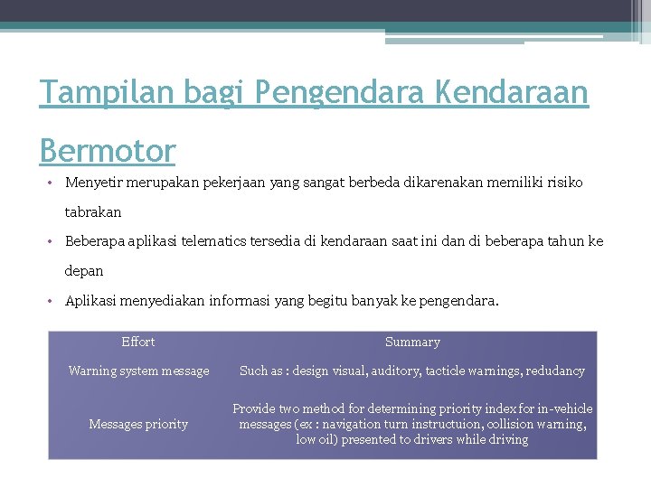 Tampilan bagi Pengendara Kendaraan Bermotor • Menyetir merupakan pekerjaan yang sangat berbeda dikarenakan memiliki