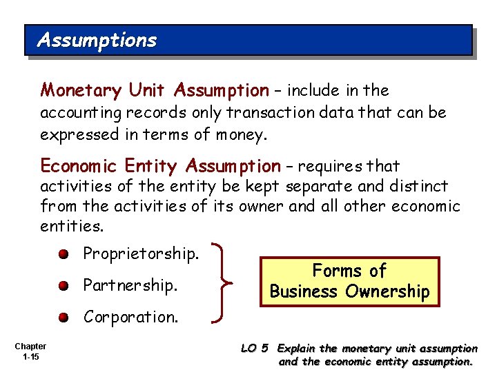 Assumptions Monetary Unit Assumption – include in the accounting records only transaction data that