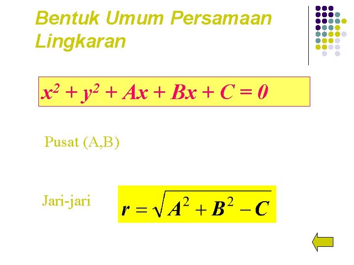 Bentuk Umum Persamaan Lingkaran x 2 + y 2 + Ax + Bx +