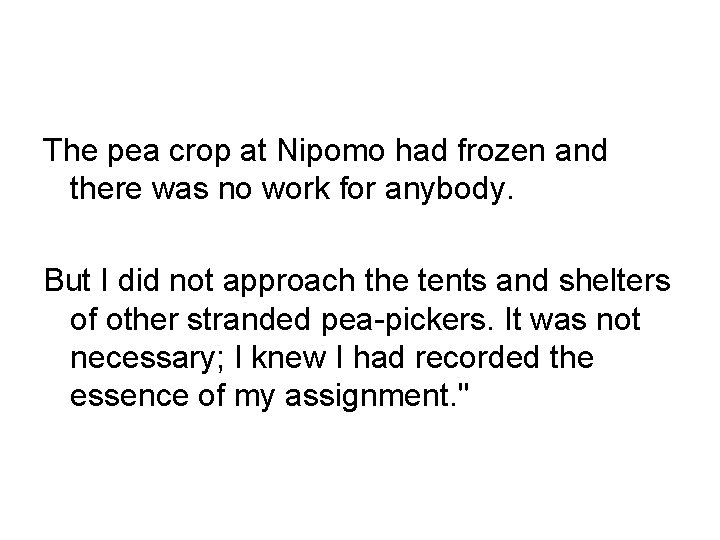The pea crop at Nipomo had frozen and there was no work for anybody.