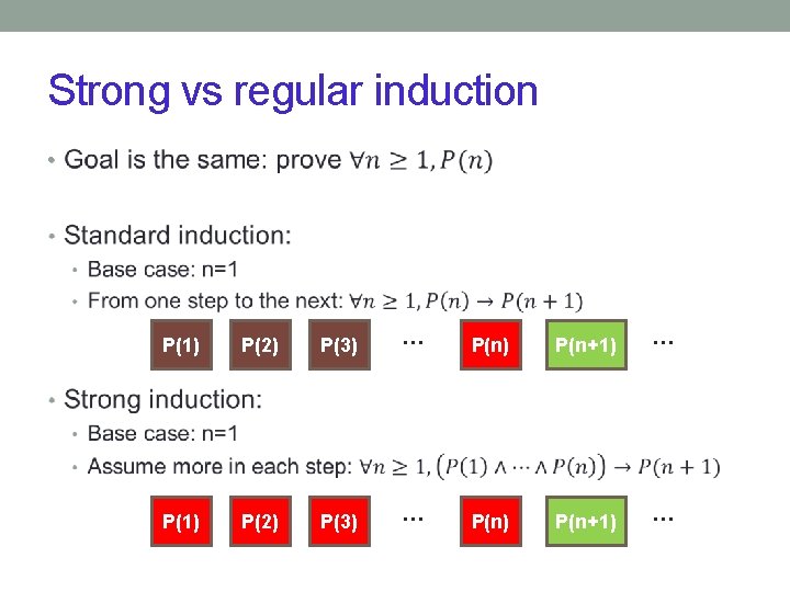 Strong vs regular induction • P(1) P(2) P(3) … P(n) P(n+1) … 