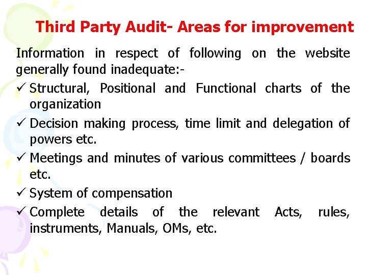 Third Party Audit- Areas for improvement Information in respect of following on the website