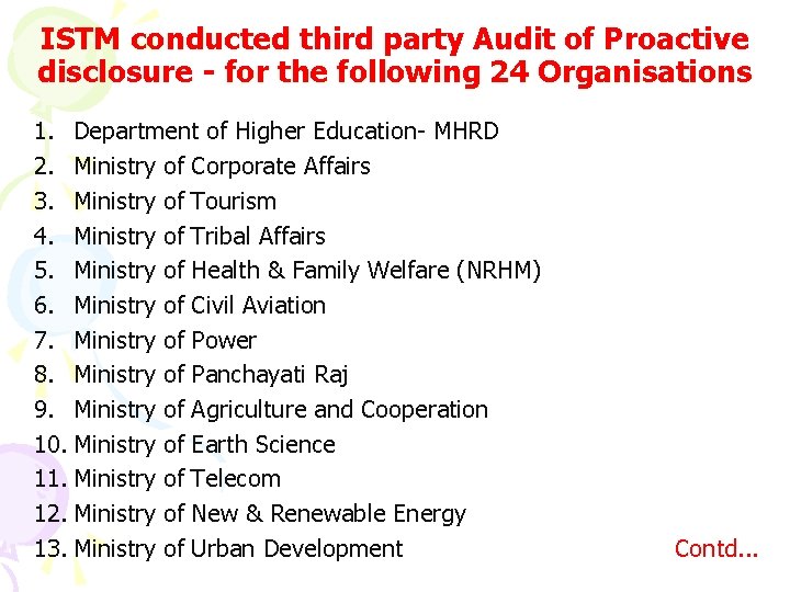 ISTM conducted third party Audit of Proactive disclosure - for the following 24 Organisations