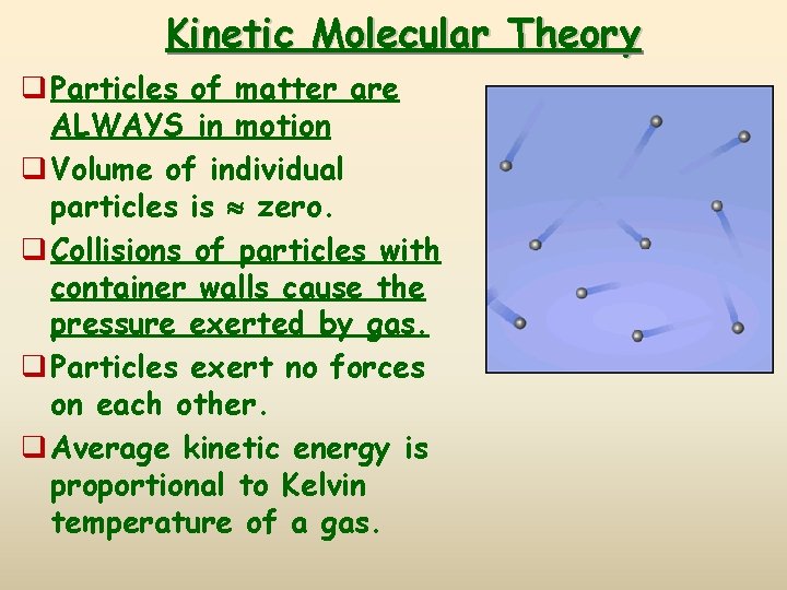 Kinetic Molecular Theory q Particles of matter are ALWAYS in motion q Volume of
