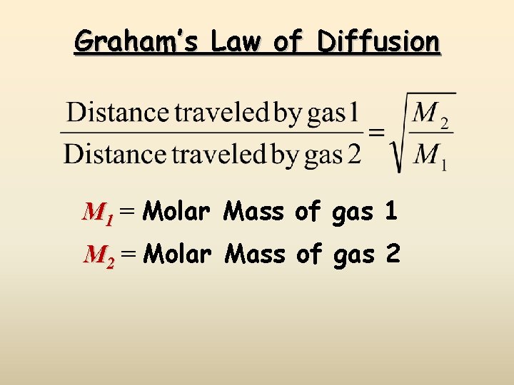 Graham’s Law of Diffusion M 1 = Molar Mass of gas 1 M 2