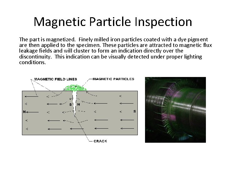 Magnetic Particle Inspection The part is magnetized. Finely milled iron particles coated with a