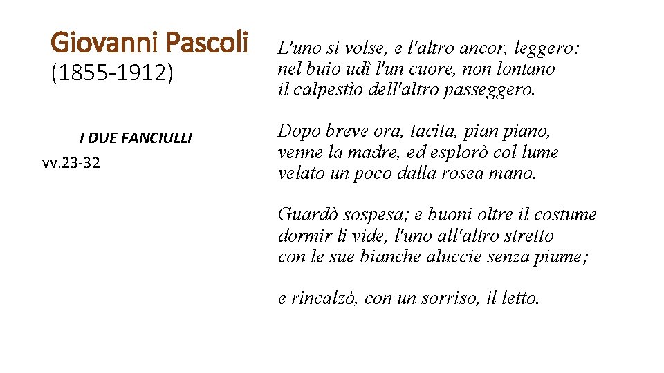 Giovanni Pascoli (1855 -1912) I DUE FANCIULLI vv. 23 -32 L'uno si volse, e