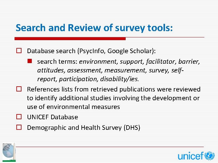 Search and Review of survey tools: o Database search (Psyc. Info, Google Scholar): n