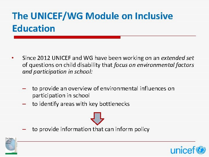 The UNICEF/WG Module on Inclusive Education • Since 2012 UNICEF and WG have been