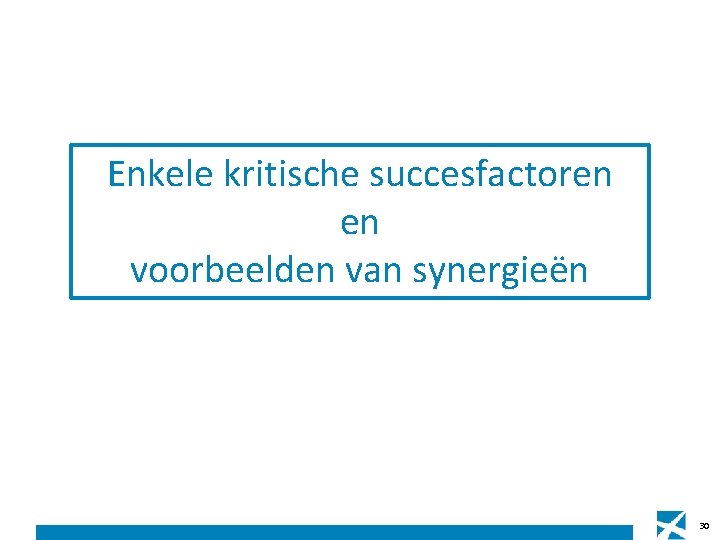 Enkele kritische succesfactoren en voorbeelden van synergieën 30 Enkele kritische succesfactoren en voorbeelden van synergieën 30