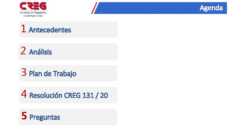 Agenda 1 Antecedentes 2 Análisis 3 Plan de Trabajo 4 Resolución CREG 131 /