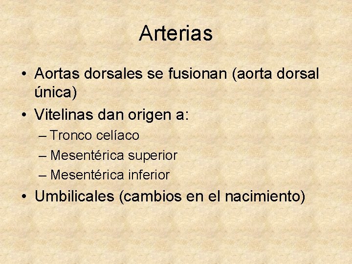 Arterias • Aortas dorsales se fusionan (aorta dorsal única) • Vitelinas dan origen a: