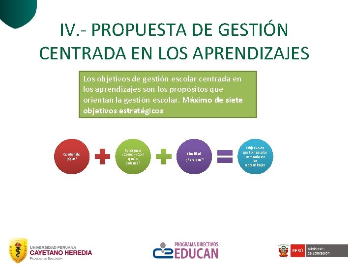 IV. - PROPUESTA DE GESTIÓN CENTRADA EN LOS APRENDIZAJES Los objetivos de gestión escolar