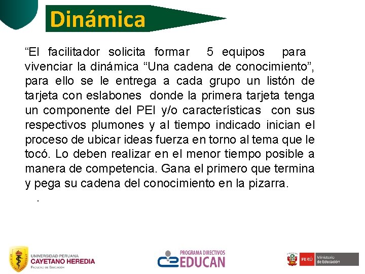 Dinámica “El facilitador solicita formar 5 equipos para vivenciar la dinámica “Una cadena de