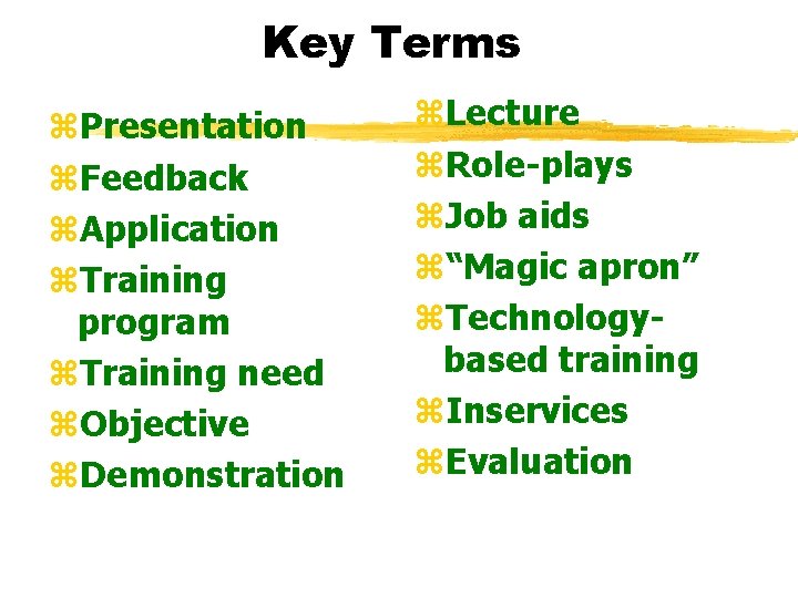 Key Terms z. Presentation z. Feedback z. Application z. Training program z. Training need