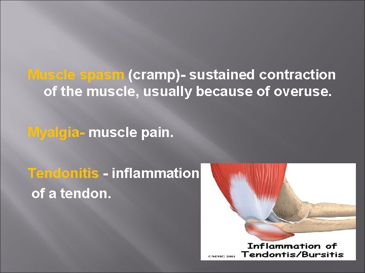 Muscle spasm (cramp)- sustained contraction of the muscle, usually because of overuse. Myalgia- muscle