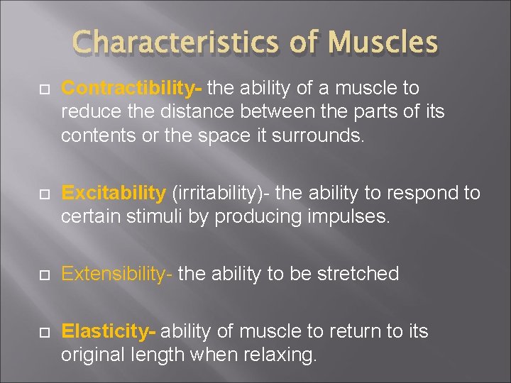 Characteristics of Muscles Contractibility- the ability of a muscle to reduce the distance between