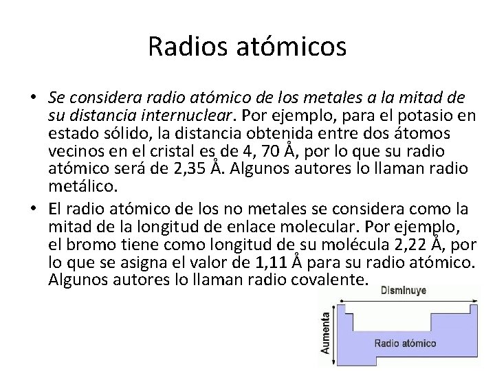 Radios atómicos • Se considera radio atómico de los metales a la mitad de Radios atómicos • Se considera radio atómico de los metales a la mitad de