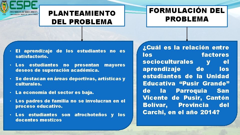 PLANTEAMIENTO DEL PROBLEMA • El aprendizaje de los estudiantes no es satisfactorio. • Los