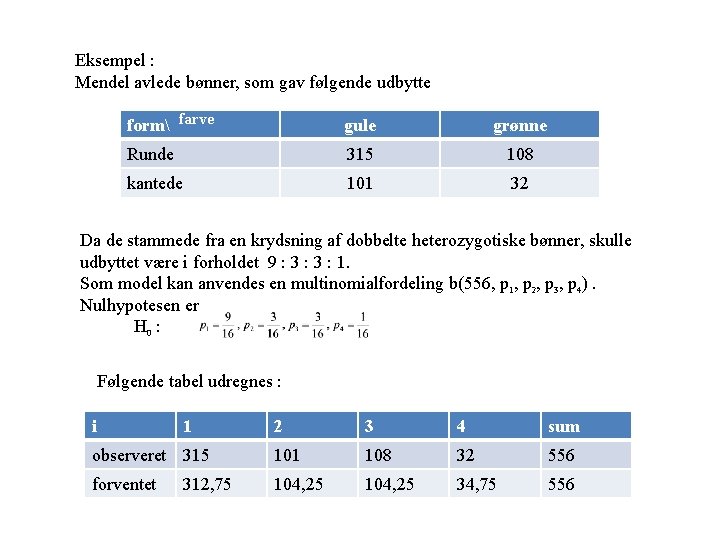 Eksempel : Mendel avlede bønner, som gav følgende udbytte form farve gule grønne Runde Eksempel : Mendel avlede bønner, som gav følgende udbytte form farve gule grønne Runde