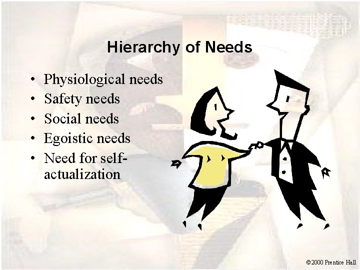 Hierarchy of Needs • • • Physiological needs Safety needs Social needs Egoistic needs
