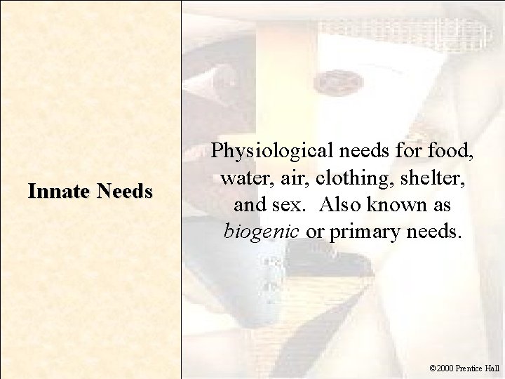 Innate Needs Physiological needs for food, water, air, clothing, shelter, and sex. Also known