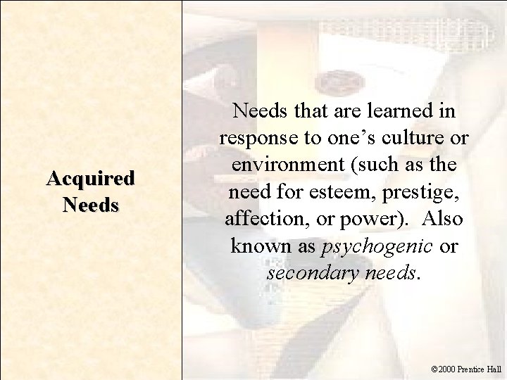 Acquired Needs that are learned in response to one’s culture or environment (such as