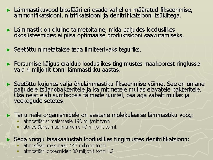 ► Lämmastikuvood biosfääri eri osade vahel on määratud fikseerimise, ammonifikatsiooni, nitrifikatsiooni ja denitrifikatsiooni tsüklitega.