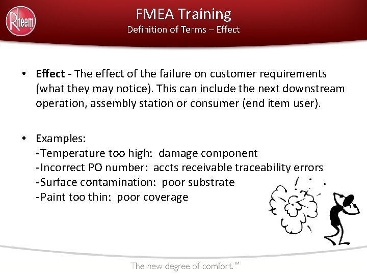 FMEA Training Definition of Terms – Effect • Effect - The effect of the