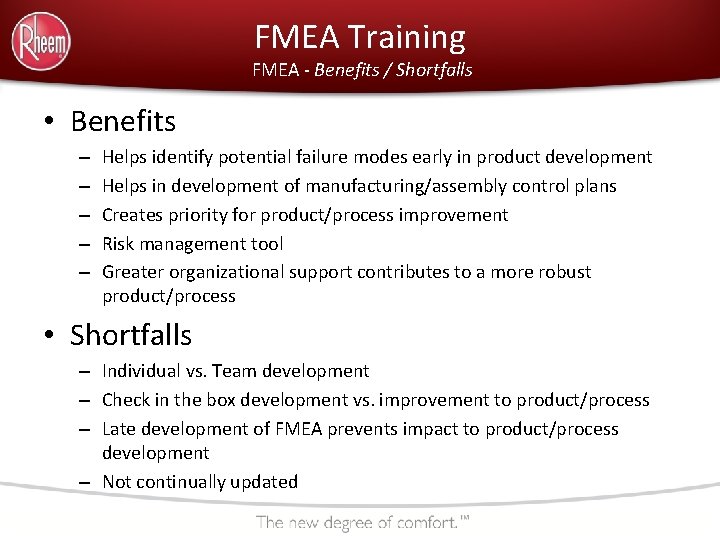 FMEA Training FMEA - Benefits / Shortfalls • Benefits – – – Helps identify