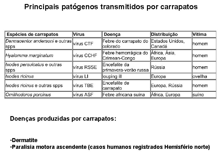 Principais patógenos transmitidos por carrapatos Doenças produzidas por carrapatos: • Dermatite • Paralisia motora Principais patógenos transmitidos por carrapatos Doenças produzidas por carrapatos: • Dermatite • Paralisia motora