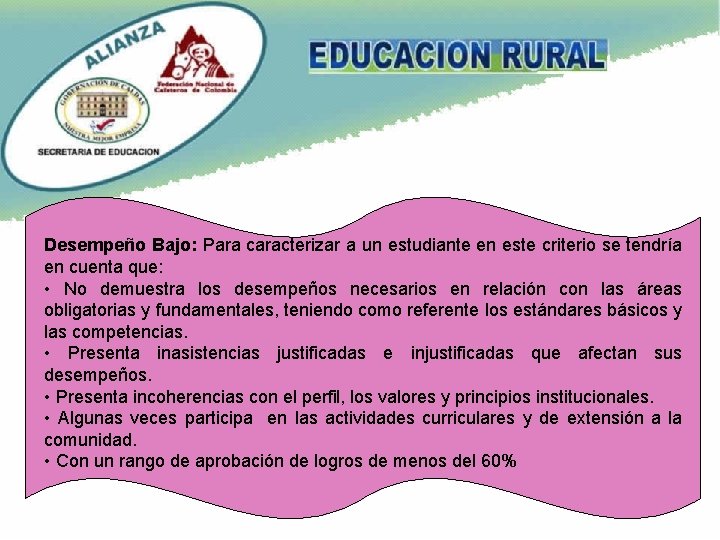 Desempeño Bajo: Para caracterizar a un estudiante en este criterio se tendría en cuenta