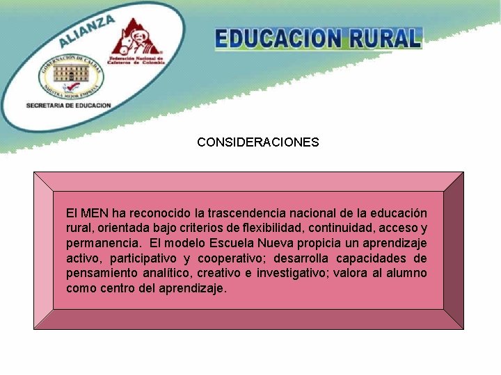 CONSIDERACIONES El MEN ha reconocido la trascendencia nacional de la educación rural, orientada bajo
