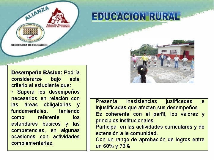 Desempeño Básico: Podría considerarse bajo este criterio al estudiante que: • Supera los desempeños