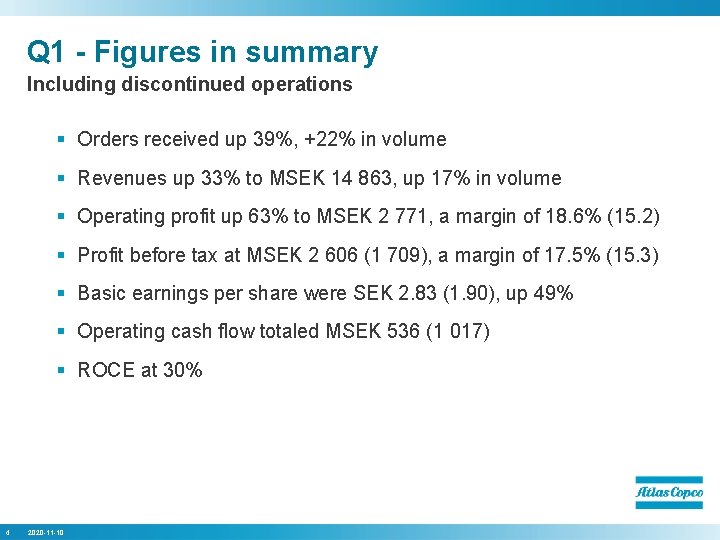 Q 1 - Figures in summary Including discontinued operations § Orders received up 39%,