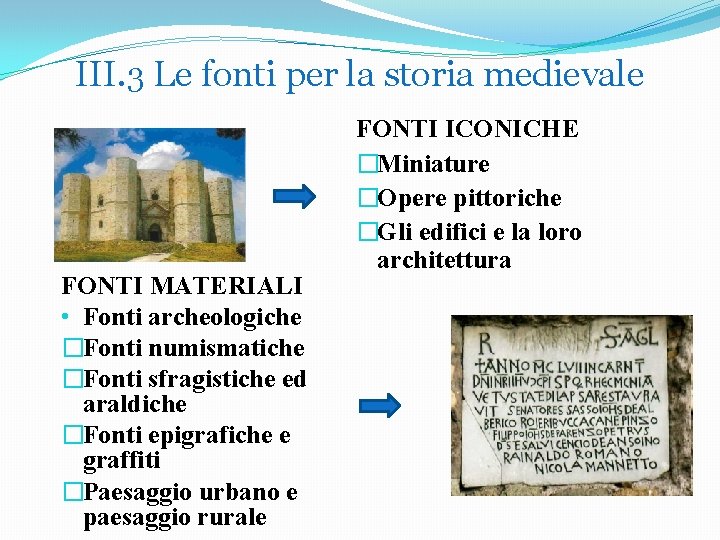 III. 3 Le fonti per la storia medievale FONTI MATERIALI • Fonti archeologiche �Fonti