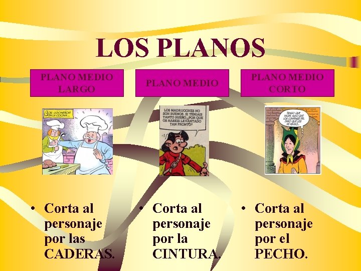 LOS PLANO MEDIO LARGO • Corta al personaje por las CADERAS. PLANO MEDIO •