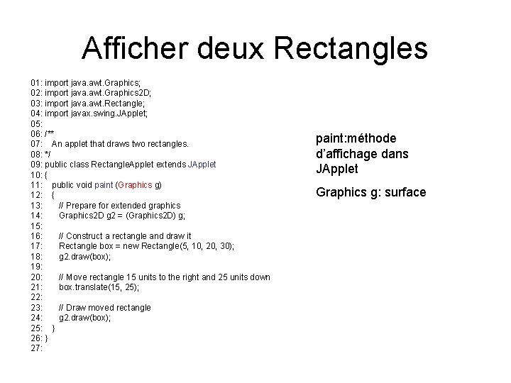 Afficher deux Rectangles 01: import java. awt. Graphics; 02: import java. awt. Graphics 2