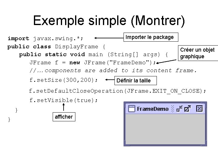 Exemple simple (Montrer) Importer le package import javax. swing. *; public class Display. Frame