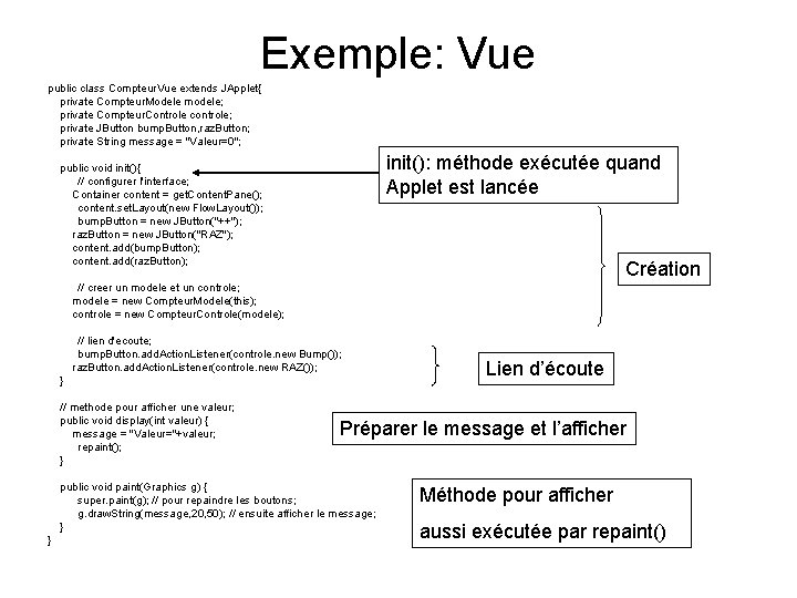 Exemple: Vue public class Compteur. Vue extends JApplet{ private Compteur. Modele modele; private Compteur.