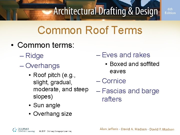 Common Roof Terms • Common terms: – Ridge – Overhangs • Roof pitch (e. Common Roof Terms • Common terms: – Ridge – Overhangs • Roof pitch (e.