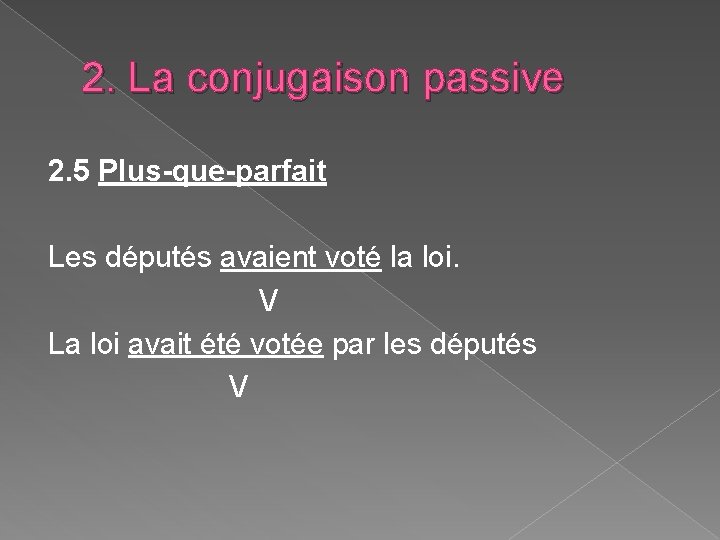 2. La conjugaison passive 2. 5 Plus-que-parfait Les députés avaient voté la loi. V 2. La conjugaison passive 2. 5 Plus-que-parfait Les députés avaient voté la loi. V
