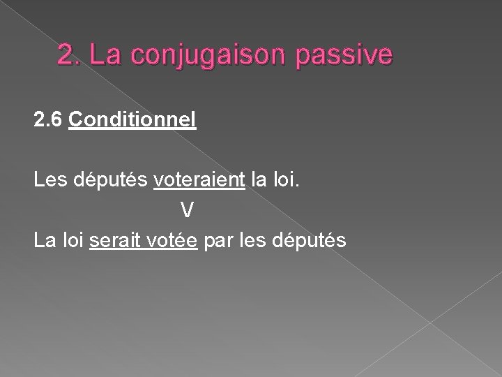2. La conjugaison passive 2. 6 Conditionnel Les députés voteraient la loi. V La 2. La conjugaison passive 2. 6 Conditionnel Les députés voteraient la loi. V La