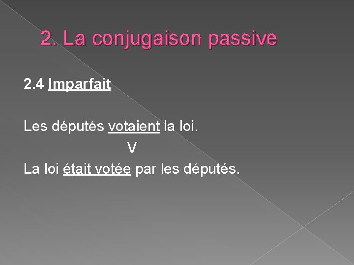 2. La conjugaison passive 2. 4 Imparfait Les députés votaient la loi. V La 2. La conjugaison passive 2. 4 Imparfait Les députés votaient la loi. V La