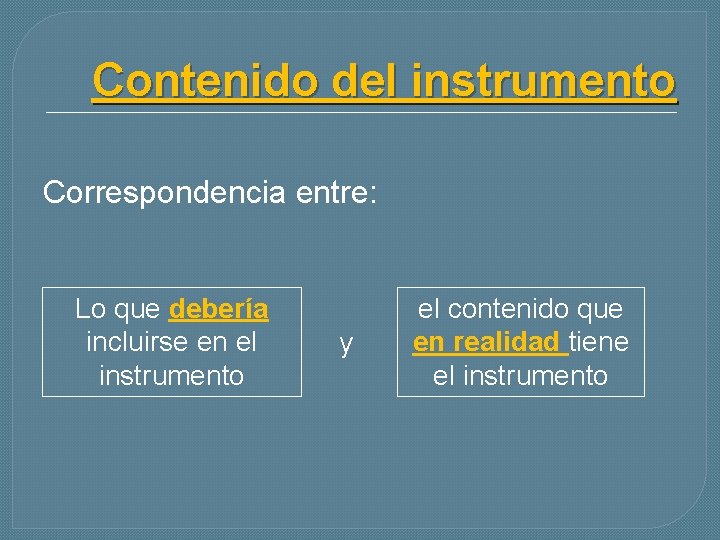 Contenido del instrumento Correspondencia entre: Lo que debería incluirse en el instrumento y el