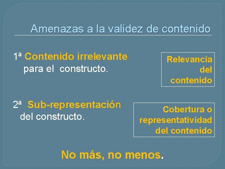 Amenazas a la validez de contenido 1ª Contenido irrelevante para el constructo. 2ª Sub-representación