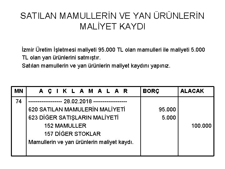 SATILAN MAMULLERİN VE YAN ÜRÜNLERİN MALİYET KAYDI İzmir Üretim İşletmesi maliyeti 95. 000 TL