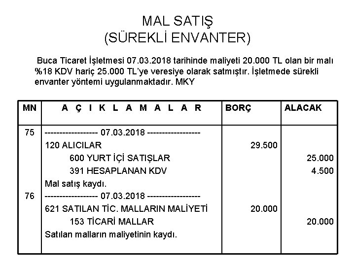 MAL SATIŞ (SÜREKLİ ENVANTER) Buca Ticaret İşletmesi 07. 03. 2018 tarihinde maliyeti 20. 000